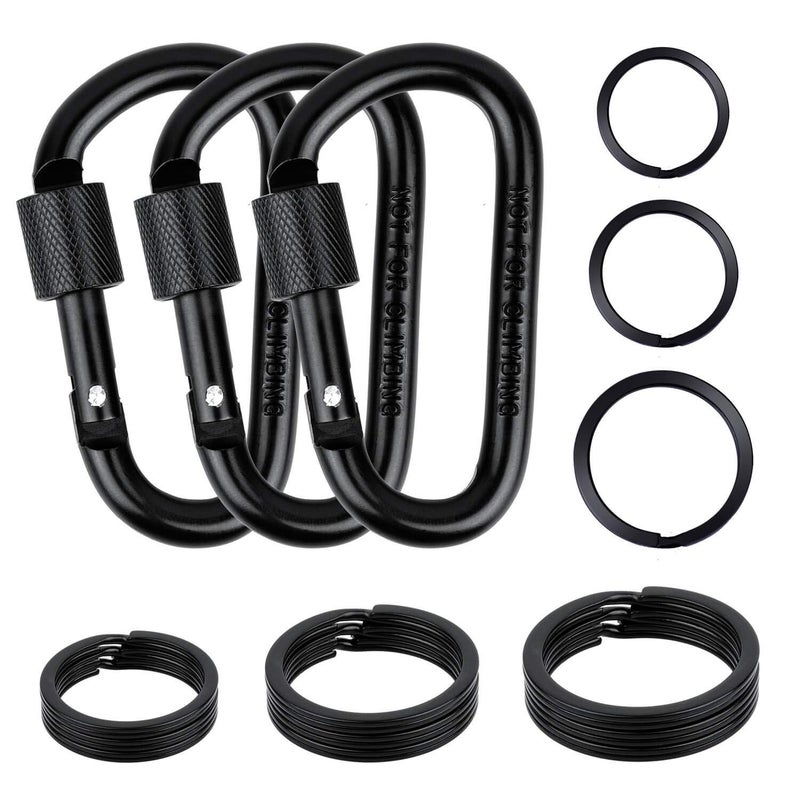 cridoz Carabiner Keychain Clip Hook, Cridoz 3pcs Locking Carabiner D Ring Clips with 9pccs Black Flat Key Ring for Water Bottles, Dog Tags and Car Keys (Assorted Sizes) - Image 1